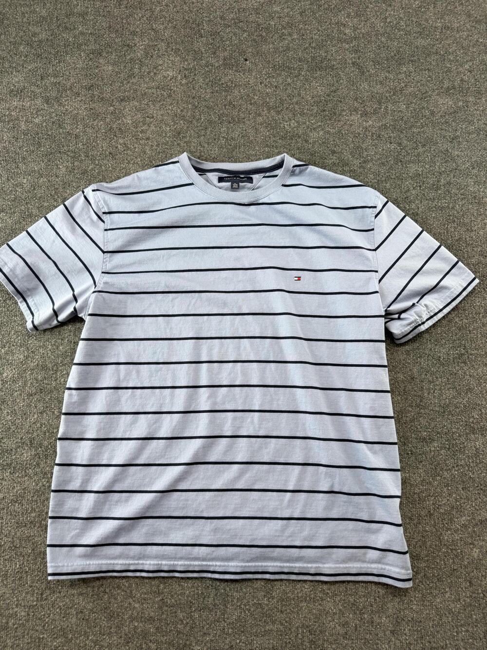 Tommy Hilfiger Shirt Mens XL Blue Striped Logo Tee Cotton Crewneck Top Casual